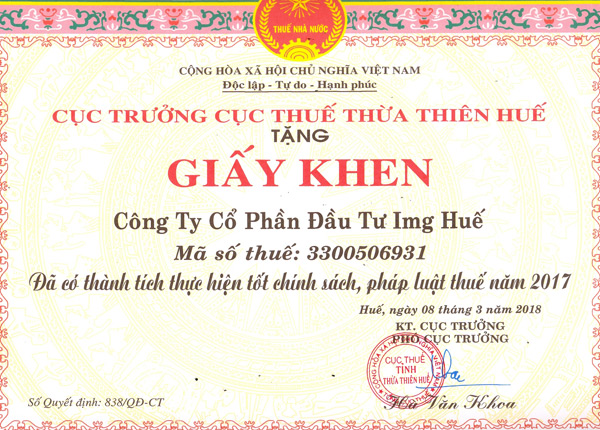 Công ty Cổ phần Đầu tư IMG Huế nhận giải thưởng Hoàn thành tốt Chính sách và Pháp luật Huế